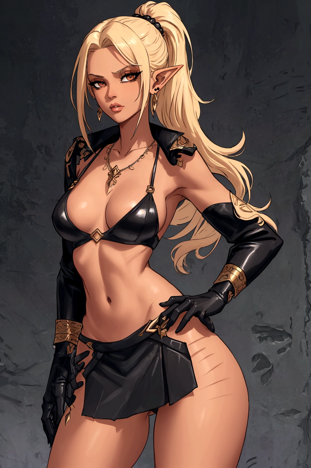 8K, Top Quality, Intricate Details, Ultra Detail, Ultra High Resolution, Masterpiece, full body, Very tall, dark skinned female elf; slender, blonde hairs and incredible long ponytail; strong makeup; brown eyes; small pointy breast; sensual midriff; wearing superhighplatform sandals, jewelery, necklace, earrings, black bikini top, short leather jacket, thongs with a lot of strings, leather skirt, long fingernails; gloves, rings, best quality, expressive eyes, perfect face, masterpiece, slim body, very long legs, detailed stomach, detailed hips, detailed legs, carefully drawn toes, carefully drawn feet, carefully drawn hands, best quality, drawn with careful, Dynamic Angle, Highly detailed, seductive eyes, NTR