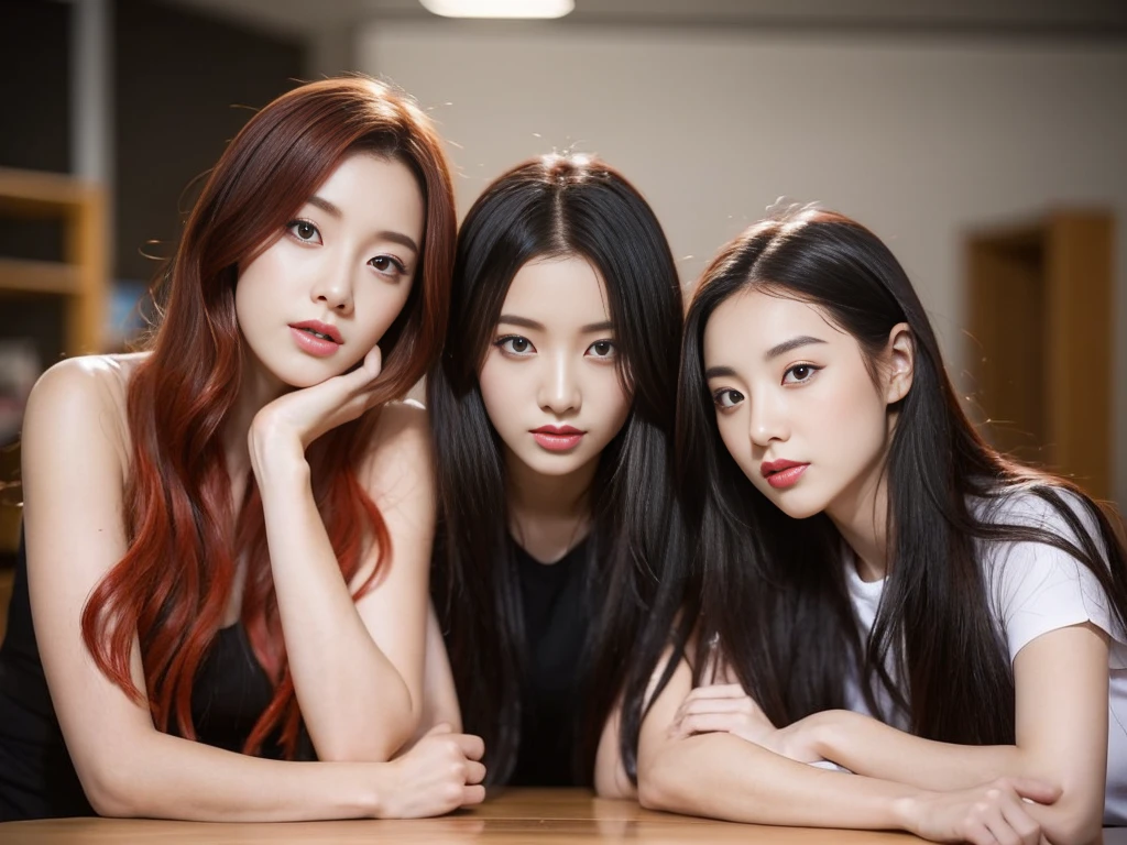 Three students have their hands free on the table.,1 person with red hair,2 people with black hair,sexly,realistically,realistic