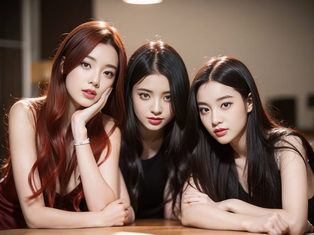 Three students have their hands free on the table.,1 person with red hair,2 people with black hair,sexly,realistically,realistic