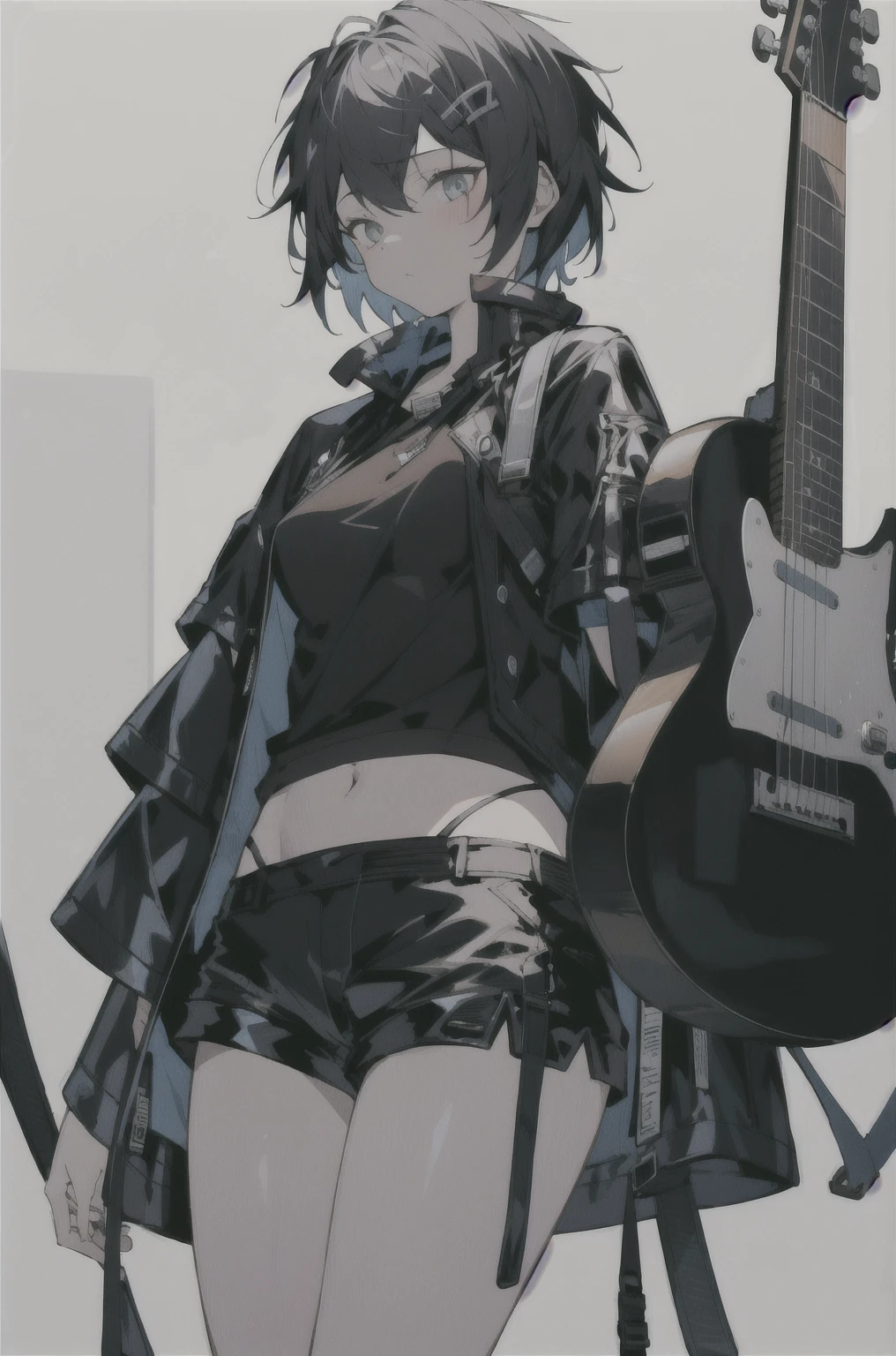 8K,high resolution,absurd,masterpiece,best quality,The original,Extremely detailed CG,Extremely detailed wallpaper,Perfect lighting,1 Girl,Vague_background,
(hutaodef:1.2),Black shorts,black h在 with h在 ,Regular Clothes,white background,guitar,short hair