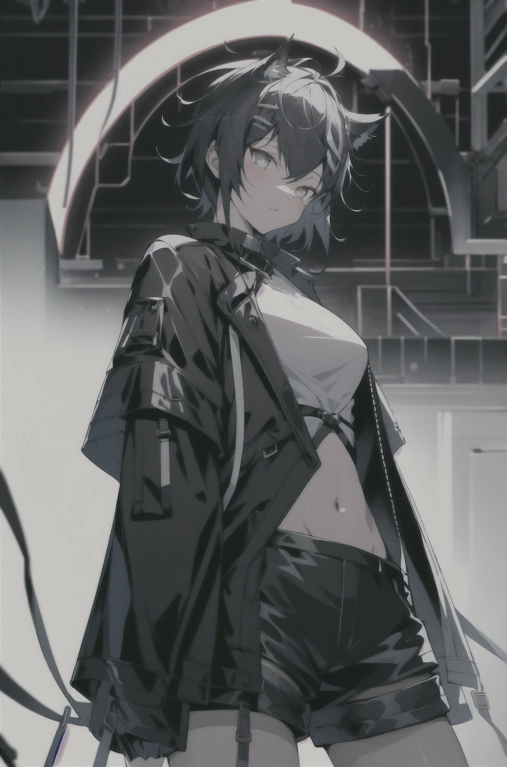 8K,high resolution,absurd,masterpiece,best quality,The original,Extremely detailed CG,Extremely detailed wallpaper,Perfect lighting,1 Girl,Vague_background,
(hutaodef:1.2),Black shorts,black h在 with h在 ,Regular Clothes,white background,guitar,short hair