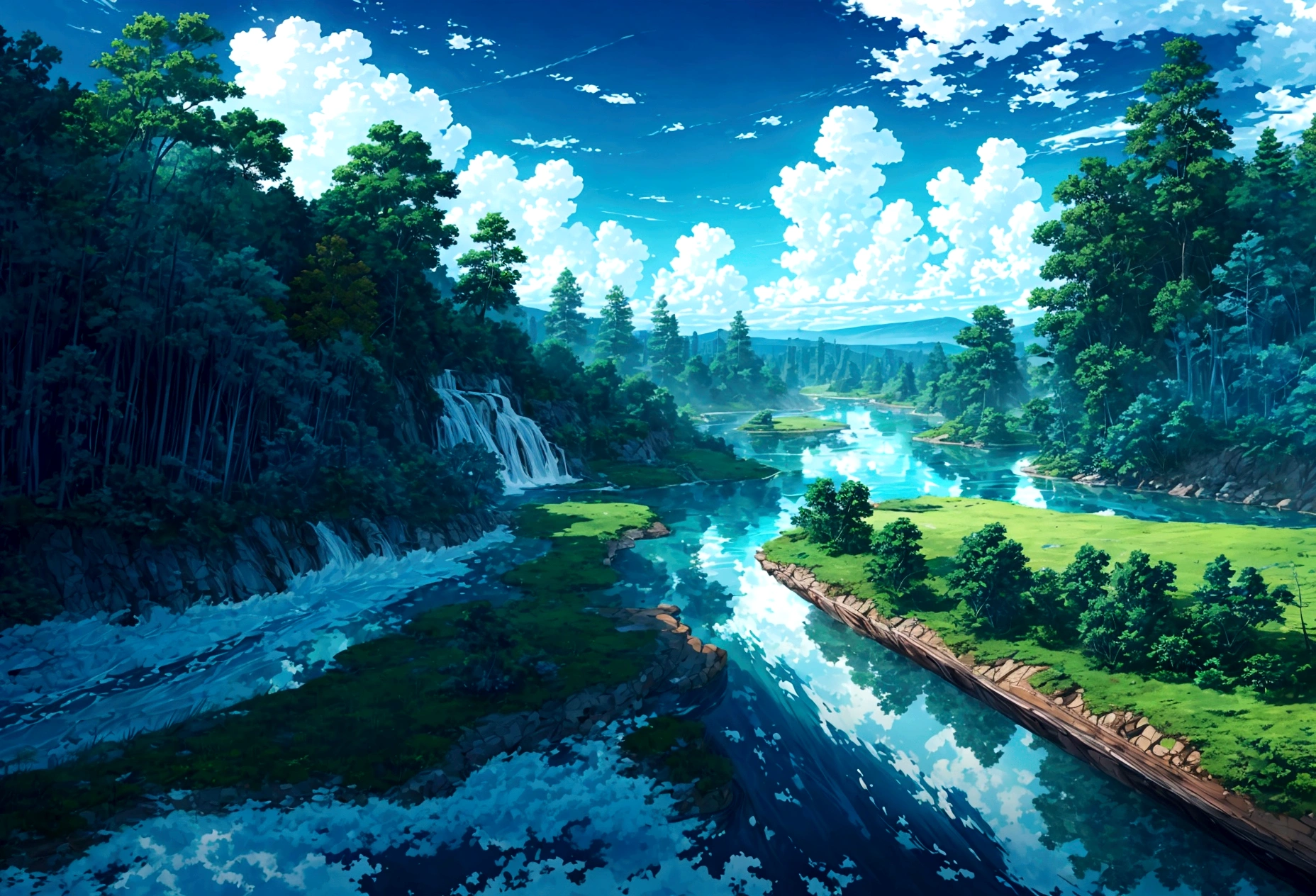 The sky is blue and the clouds float around.,River in the middle of a deep forest,Fascinating, worth searching for