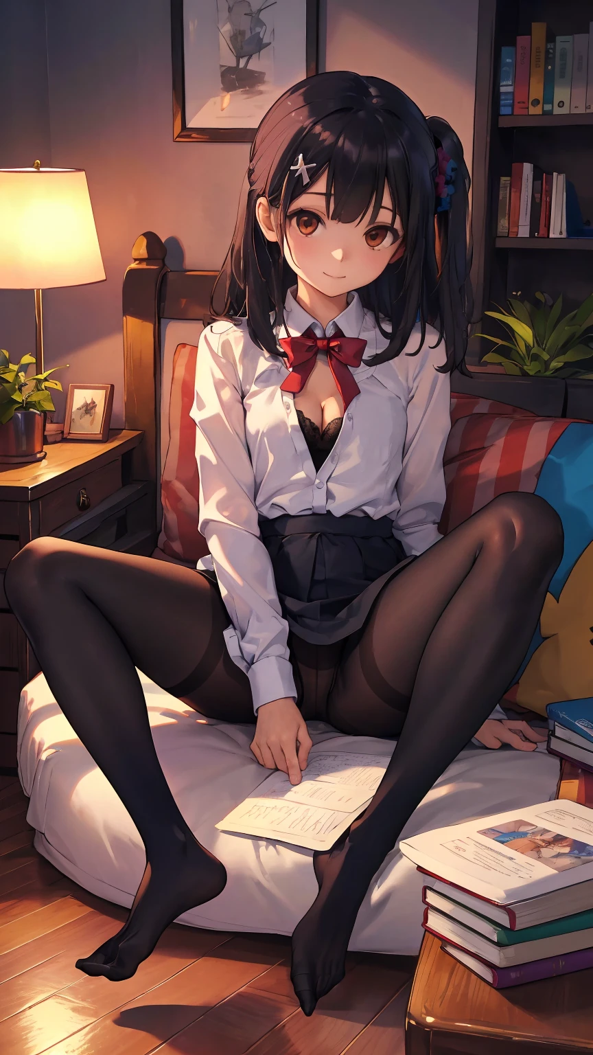 (wide shot:1.3),(best quality),((masterpiece)),(highres),illustration,original,extremely detailed,dbj,1girl,(Miyu Edelfelt),black hair,brown eyes,small chest,x hair ornament,solo,expressionless,book,pantyhose,long hair,shirt,no shoes,(spread legs),sitting,cat,plant,brown eyes,solo,indoors,bow,bookshelf,potted plant,bowtie,white shirt,looking at viewer,black hair,black pantyhose,chair,smile,wooden floor,dress shirt,no pants,thighband pantyhose,armchair,lamp,long sleeves,sparkle,collared shirt,cleavage,bangs,small chest,couch,