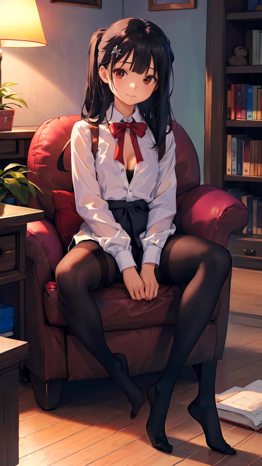 (wide shot:1.3),(best quality),((masterpiece)),(highres),illustration,original,extremely detailed,dbj,1girl,(Miyu Edelfelt),black hair,brown eyes,small chest,x hair ornament,solo,expressionless,book,pantyhose,long hair,shirt,no shoes,(spread legs),sitting,cat,plant,brown eyes,solo,indoors,bow,bookshelf,potted plant,bowtie,white shirt,looking at viewer,black hair,black pantyhose,chair,smile,wooden floor,dress shirt,no pants,thighband pantyhose,armchair,lamp,long sleeves,sparkle,collared shirt,cleavage,bangs,small chest,couch,