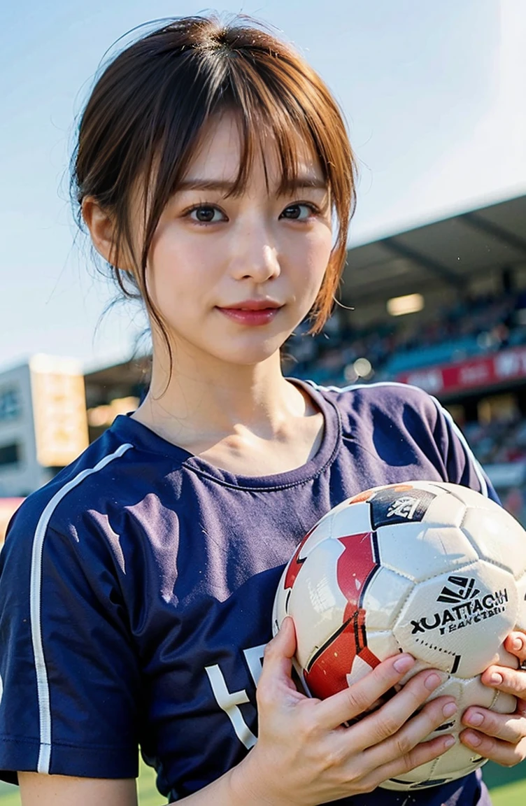 Holding an official size soccer ball、Photo at the soccer field、Blue Football Uniform、Japan National Football Team、Big breasts that can be seen even on top of the uniform、Braid only the front hair（（On the pitch at the National Stadium:1.4））、Full body photo、smile、 Caustics、Highly detailed photos、Very beautiful ideal short hair、Large Breasts、Super no makeup、(8K、RAW Photos、Highest quality、masterpiece:1.2)、(Realistic、Realistic)、1 Girl、((Medium Short Hair、Looking into the camera:1.4))、
