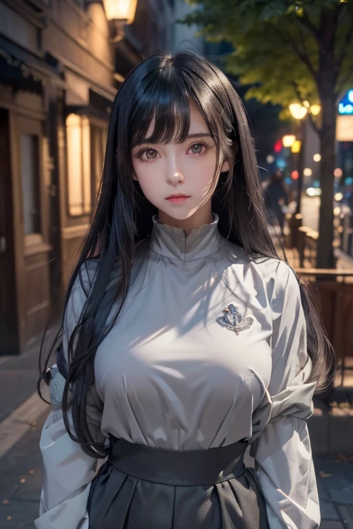 ((Top Quality), ((Masterpiece)), Cinematic lighting, Detailed outfit, Dark-haired anime girl, One girl, Solo, 24 years old, Looking sadly at the viewer, Long hair, Dark hair, Asymmetrical bangs, White blouson, Gray eyes, Closed mouth, Female, Shapely breasts, Gray eyes, Long dark hair, Park at night