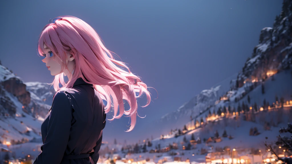 1 Girl , Girl medium light Pink hair, light blue eyes, wearing black suit 4D, night town , 18+ , high res, ultrasharp, 8K, masterpiece, looking from behind