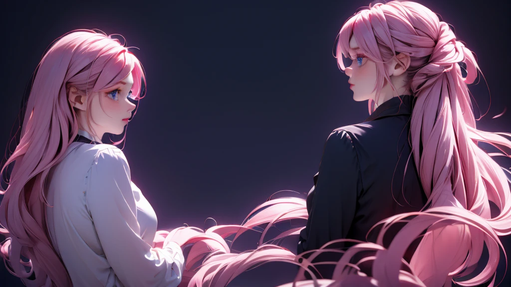 1 Girl , Girl medium light Pink hair, light blue eyes, wearing black suit 4D, night town , 18+ , high res, ultrasharp, 8K, masterpiece, looking from behind