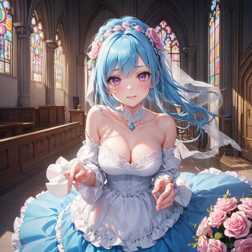 Sky blue hair, (Braided Ponytail),(Pink Eyes),Fair skin ,(whole body),(One girl),bride,A big smile,Straight bangs, 6月のbride,Wedding dress,(masterpiece, Highest quality, Very detailed, Best Shadow), (Detailed Background), (Beautifully detailed face), High Contrast, (Best lighting, Very delicate and beautiful), ((Cinematic Light)), colorful, Hyper Detail, Dramatic Light, Intricate details,Chapel background,Bouquet of roses,Ring on left ring finger,