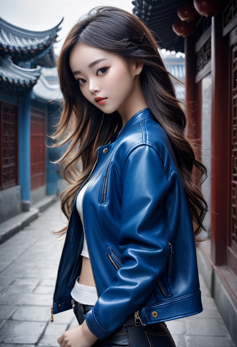 Best quality, masterpiece, ultra high res, (photorealistic:1.4), raw photo, 1girl,, , long hair, blue  leather jacket, beautiful chinese woman