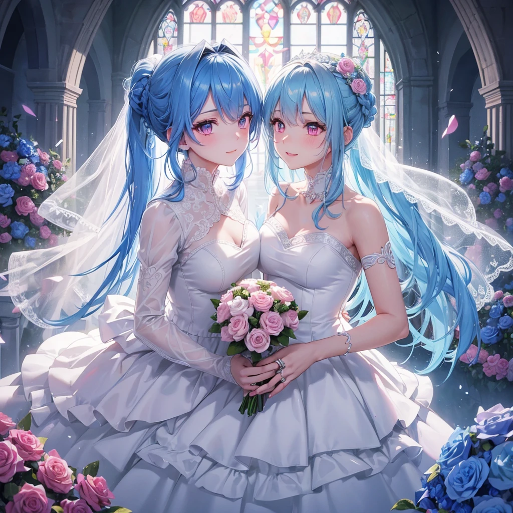 Sky blue hair, (Braided Ponytail),(Pink Eyes),Fair skin ,(whole body),(One girl),bride,A big smile,Straight bangs, 6月のbride,Wedding dress,(masterpiece, Highest quality, Very detailed, Best Shadow), (Detailed Background), (Beautifully detailed face), High Contrast, (Best lighting, Very delicate and beautiful), ((Cinematic Light)), colorful, Hyper Detail, Dramatic Light, Intricate details,Chapel background,Bouquet of roses,Ring on left ring finger,