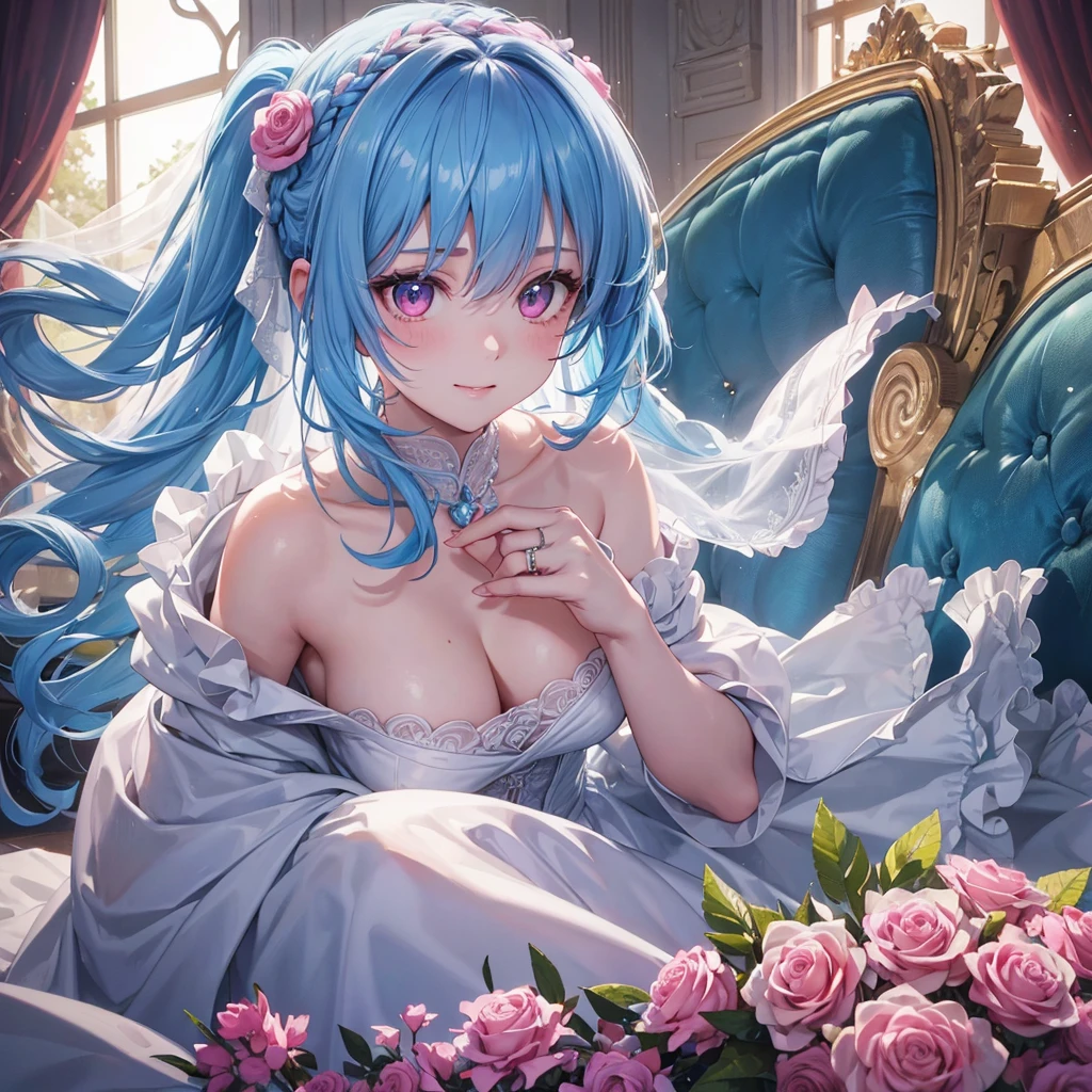 Sky blue hair, (Braided Ponytail),(Pink Eyes),Fair skin ,(whole body),(One girl),bride,A big smile,Straight bangs, 6月のbride,Wedding dress,(masterpiece, Highest quality, Very detailed, Best Shadow), (Detailed Background), (Beautifully detailed face), High Contrast, (Best lighting, Very delicate and beautiful), ((Cinematic Light)), colorful, Hyper Detail, Dramatic Light, Intricate details,Chapel background,Bouquet of roses,Ring on left ring finger,