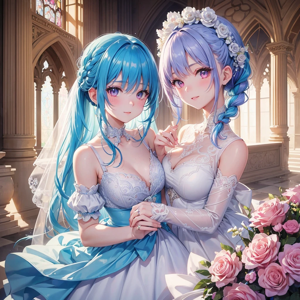 Sky blue hair, (Braided Ponytail),(Pink Eyes),Fair skin ,(whole body),(One girl),bride,A big smile,Straight bangs, 6月のbride,Wedding dress,(masterpiece, Highest quality, Very detailed, Best Shadow), (Detailed Background), (Beautifully detailed face), High Contrast, (Best lighting, Very delicate and beautiful), ((Cinematic Light)), colorful, Hyper Detail, Dramatic Light, Intricate details,Chapel background,Bouquet of roses,Ring on left ring finger,