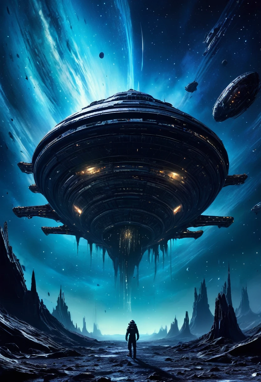 
A hauntingly dark scene set in the vast emptiness of space. In the foreground, a derelict spaceship drifts aimlessly, its once sleek and shiny exterior now battered and covered in alien growths and debris. The ship’s lights flicker sporadically, casting eerie shadows. The background shows the infinite expanse of stars and a distant, menacing nebula swirling with dark and ominous colors. In one of the spaceship’s shattered windows, a glimpse of a monstrous entity with glowing eyes can be seen. The title "Echoes of the Void" is written in a chilling, futuristic font, glowing faintly with an otherworldly blue hue. The overall tone of the cover is dark and foreboding, hinting at the horror and mystery within.

