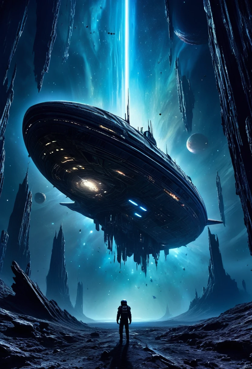A hauntingly dark scene set in the vast emptiness of space. In the foreground, a derelict spaceship drifts aimlessly, its once sleek and shiny exterior now battered and covered in alien growths and debris. The ship’s lights flicker sporadically, casting eerie shadows. The background shows the infinite expanse of stars and a distant, menacing nebula swirling with dark and ominous colors. In one of the spaceship’s shattered windows, a glimpse of a monstrous entity with glowing eyes can be seen. The title "Echoes of the Void" is written in a chilling, futuristic font, glowing faintly with an otherworldly blue hue. The overall tone of the cover is dark and foreboding, hinting at the horror and mystery within.