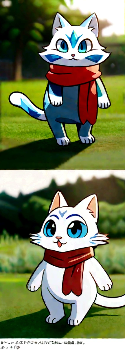 ral-fluff,chibi,masterpiece,best quality,original,official art,1cat,red scarf,grass,blurred background,cartoon rendering,beautiful detailed glow,(detailed ice),beautiful detailed water,and I want the Disney Pixar style in a white background painted by watercolor 3DAnimationStyle,