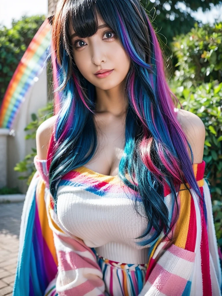 woman, Fluffy hair, Rainbow Hair, Outdoor, chest, Off the shoulder