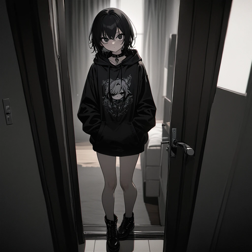 best quality, super fine, 16k, incredibly absurdres, extremely detailed, emo highschool girl opening the door of her private study room for you, looking at camera, emotionless expression, dark eye circles, punk fashion, long black hair, black collars, wearing black theme hoodie, full body, dim lights, (magnificent view:1.1)