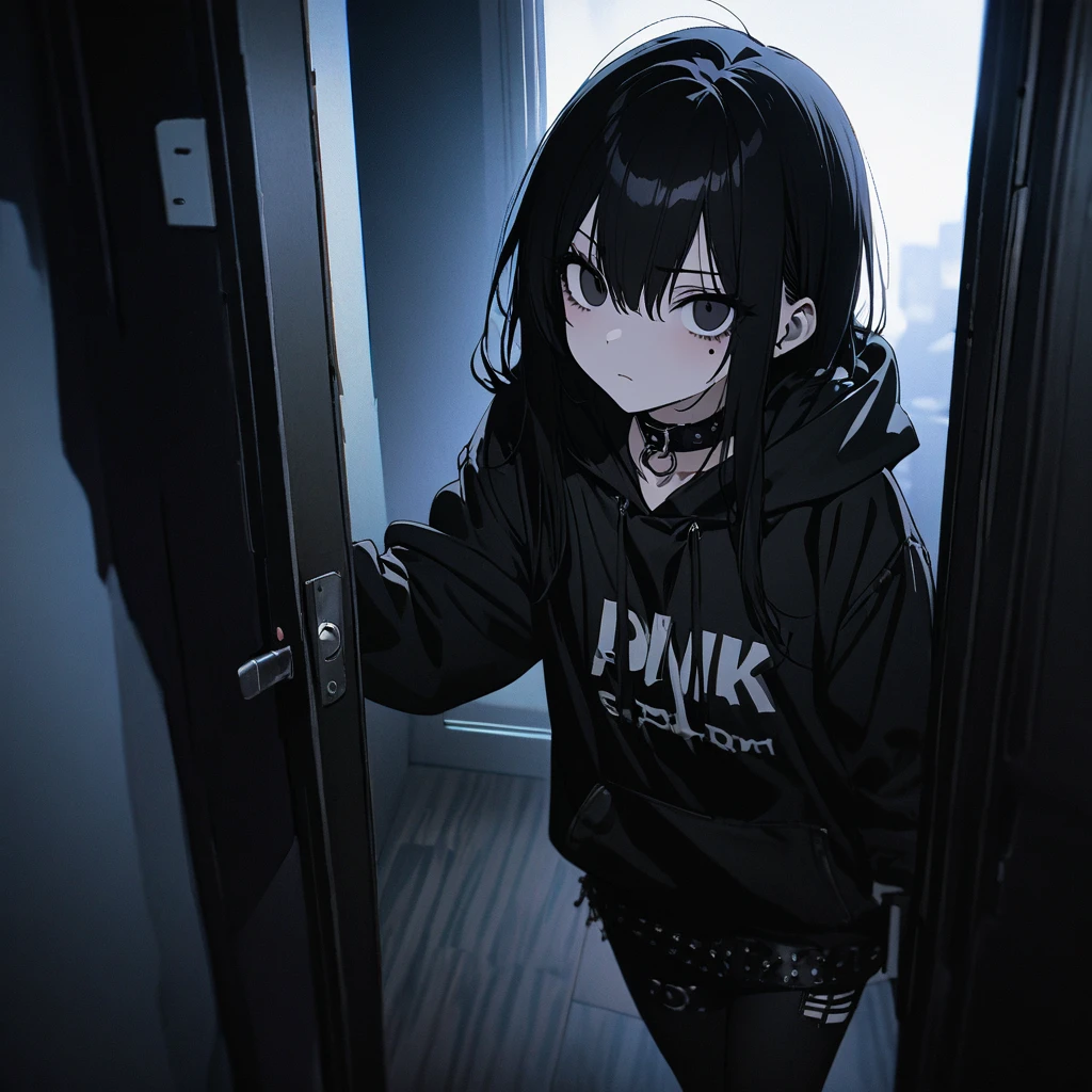 best quality, super fine, 16k, incredibly absurdres, extremely detailed, emo highschool girl opening the door of her private study room for you, looking at camera, emotionless expression, dark eye circles, punk fashion, long black hair, black collars, wearing black theme hoodie, full body, dim lights, (magnificent view:1.1) 