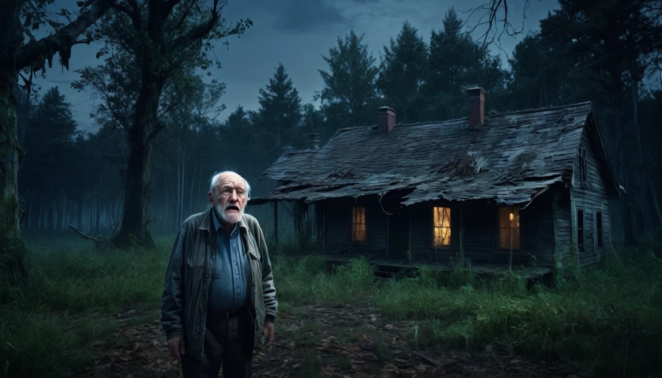 Image of a terrified old man standing in front of an old abandoned house in the middle of the forest at night,  PICTURE REALISTIC, high resolution, 8K 