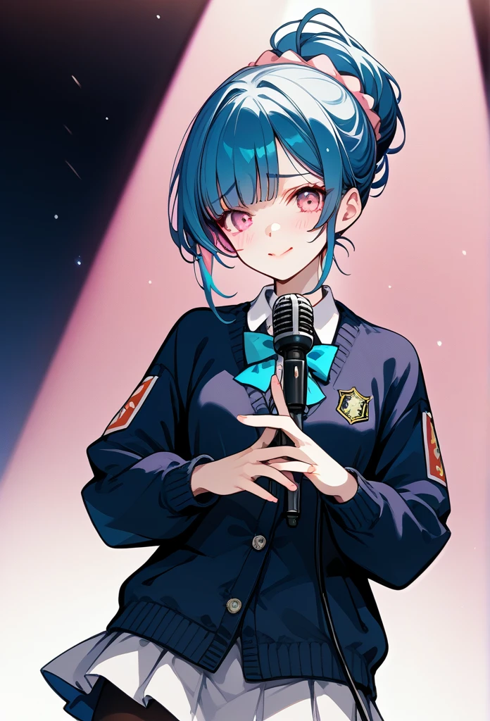 mature woman, mature face, pink eyes, shy expression, embarrassed face, shy smile, glossy lips, bun ponytail hair, (blue hair color, pink gradient hair color, azure color hair), bangs covering left eye, left blinding bangs hairstyle, mature body, small breasts, dark blue cardigan, short skirt, navy color skirt, pantyhose, idol, stage, both hands holding microphone