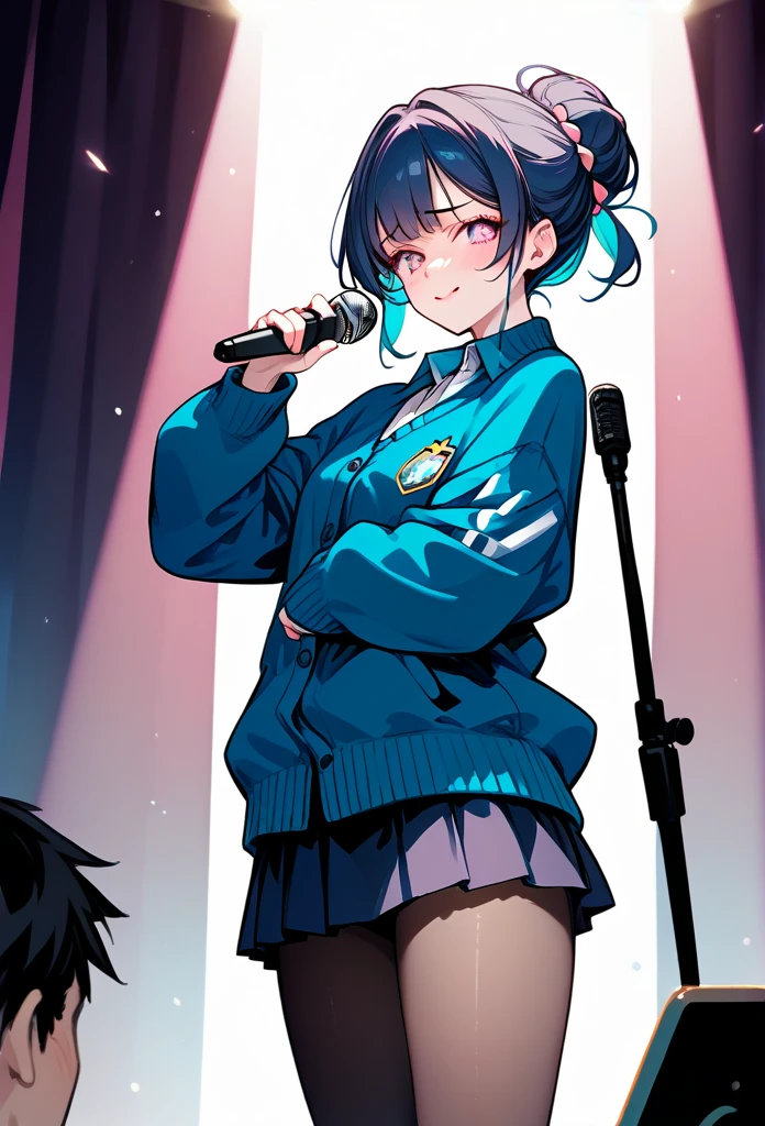 mature woman, mature face, pink eyes, shy expression, embarrassed face, shy smile, glossy lips, bun ponytail hair, (blue hair color, pink gradient hair color, azure color hair), bangs covering left eye, left blinding bangs hairstyle, mature body, small breasts, dark blue cardigan, short skirt, navy color skirt, pantyhose, idol, stage, both hands holding microphone