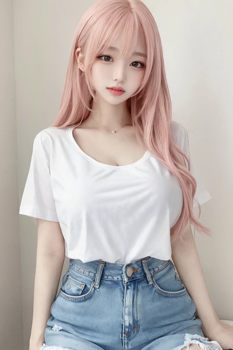 Pink Hair、masterpiece、Highest quality、Extremely detailed 8K、Ultra HD、Very detailedな、Very detailed、Very realistic、Photo realistic、Japanese、One Girl、High head rate、Beautiful realistic face、Realistic face in every detail、High detail, Realistic Hair、Beautiful and realistic hairstyles、Beautiful and realistic eyes、hVery detailed realistic eyes、Proportional eyes、HVery detailed pupils、Very detailedリアルな自然な眉毛、Very detailedリアルな唇、 Beautiful and realistic lips、Pink lipstick、Sexy lips、Realistic and well-proportioned breasts、Realistic medium sized breasts、Slim Abs、Very detailed皮膚、Upper body image、White running shirt:1.1、Denim shorts