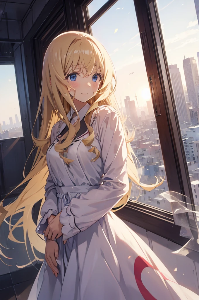 A middle school girl in a pale pastel pink nightgown standing at a bright morning window, her bones visible through X-rays, looks at me and smiles. One hand holds down a flutter of untied, disheveled blonde hair, one hand grabs a curtain that flutters in the wind, the cityscape of Casbah below and the horizon far beyond. Low angle. Color anime digital art with an otaku-oriented manga-style touch with accurate detail.