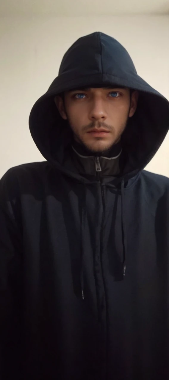 male figure with hood with completely dark face with only visible blue eyes