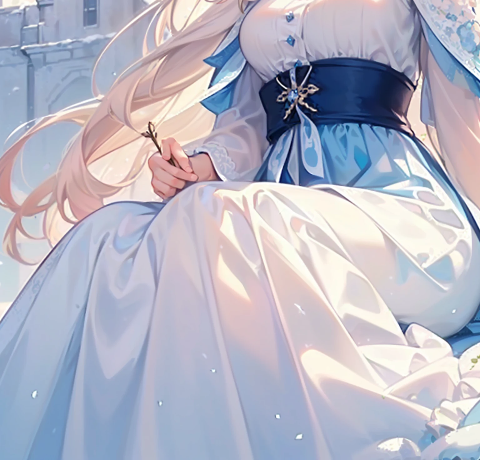 ((best quality,masterpiece,Extremely complex and exquisite details,The body of a beautiful girl with long white straight hair,long skirt)),(Exquisite light blue and white snow clothing,Beautiful bright and exquisite snow white ancient style high transparent architectural background),(Correct hand anatomy,Holding roses),(white hair,Snow,Falling Flowers,Majestic and elegant outdoors),sitting