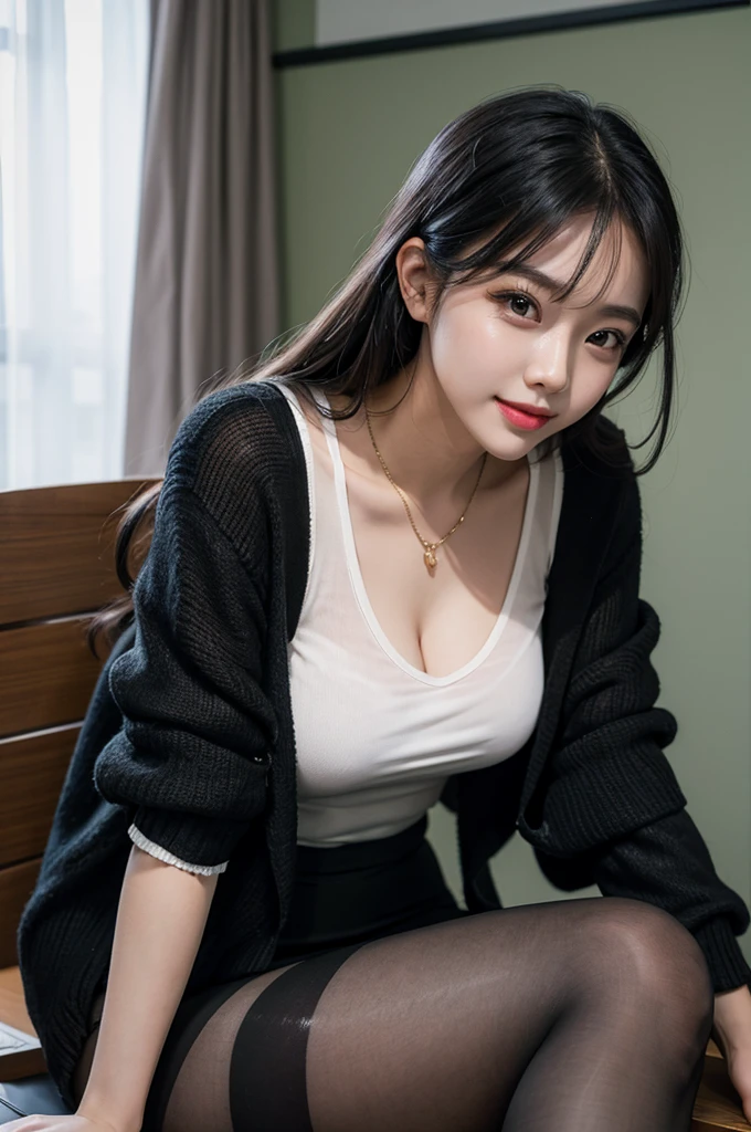 sister, beauty, A light smile, office, Wearing black pantyhose、See-through pantyhose、Lying on the desk、sit、A thin, see-through cardigan