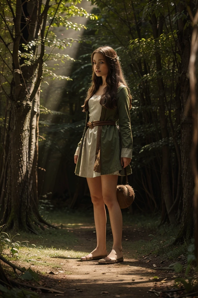 Illustration for a fairy tale about a girl standing in the forest who can talk to animals