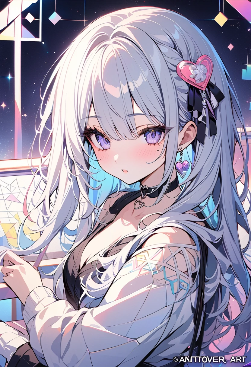 ,beautiful flower々),Mole under the eye, Heart-shaped choker, (masterpiece, Highest quality), Official Art, beautifully、aesthetic: 1.2), (1 Girl), Very detailed, (Geometry Art: 1.3), colorful,vtuber