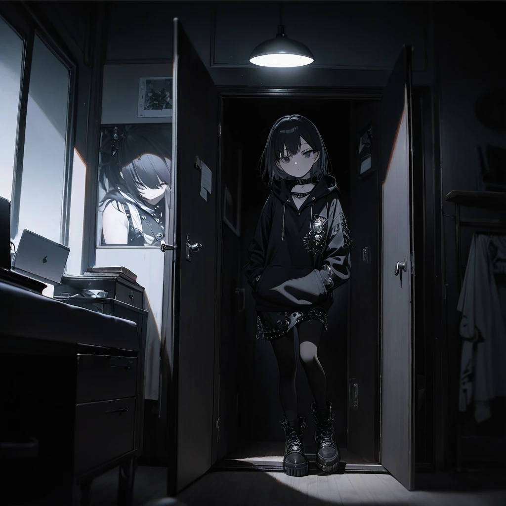 best quality, super fine, 16k, incredibly absurdres, extremely detailed, emo highschool girl opening the door of her private study room, looking at camera, emotionless expression, punk fashion, long black hair, black collars, wearing black theme hoodie, full body, dim lights, (magnificent view:1.1) 