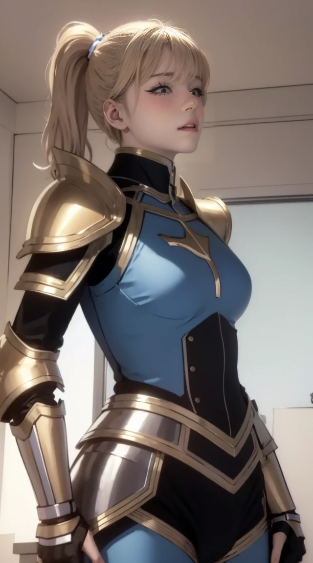 best quality, (masterpiece:1.2), highly detailed, day, city,
1girl, solo, cha hae-in, closed mouth, from front, looking at viewer,
blonde hair, short hair, brown eyes, ponytail, (blue armor:1.4), belt, bodysuit