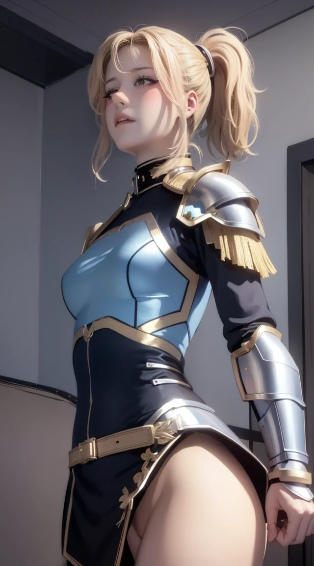 best quality, (masterpiece:1.2), highly detailed, day, city,
1girl, solo, cha hae-in, closed mouth, from front, looking at viewer,
blonde hair, short hair, brown eyes, ponytail, (blue armor:1.4), belt, bodysuit