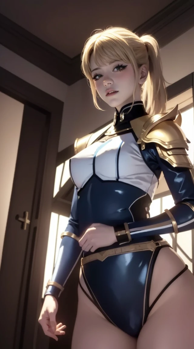 best quality, (masterpiece:1.2), highly detailed, day, city,
1girl, solo, cha hae-in, closed mouth, from front, looking at viewer,
blonde hair, short hair, brown eyes, ponytail, (blue armor:1.4), belt, bodysuit