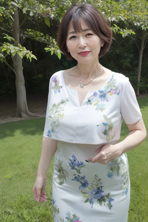 Beautiful mature 55 year old Japanese woman, Married women, Fine Lines, Long eyelashes, Shining Eyes, Bob Cut Hair, Red lipstick, smile, elegant, Gorgeous figure, Pearl Necklace, Summer clothes, Low-cut blouse, Floral print slit skirt, whole body, Shooting on green grass, (Highest quality,4K,8K,High resolution,masterpiece:1.2),Very detailed,(Realistic,photoRealistic,photo-Realistic:1.37),High resolution,超High resolution,Studio Lighting,Ultra-fine painting,Sharp focus,Physically Based Rendering,Very detailed説明,Professional,Vibrant colors,Bokeh,Portraiture