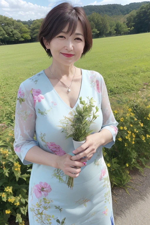 Beautiful mature 55 year old Japanese woman, Married women, Fine Lines, Long eyelashes, Shining Eyes, Bob Cut Hair, Red lipstick, smile, elegant, Gorgeous figure, Pearl Necklace, Summer clothes, Low-cut blouse, Floral print slit skirt, whole body, Shooting on green grass, (Highest quality,4K,8K,High resolution,masterpiece:1.2),Very detailed,(Realistic,photoRealistic,photo-Realistic:1.37),High resolution,超High resolution,Studio Lighting,Ultra-fine painting,Sharp focus,Physically Based Rendering,Very detailed説明,Professional,Vibrant colors,Bokeh,Portraiture
