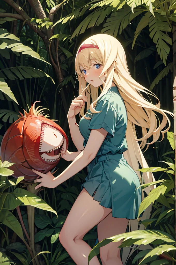 Margaret, a shy and charming blonde high school girl, is frightened in the shade of a jungle tree with her arm trapped in the mouth of a large Venus flytrap. Precise animated digital art in color with a touch of otaku illustration style with accurate details.