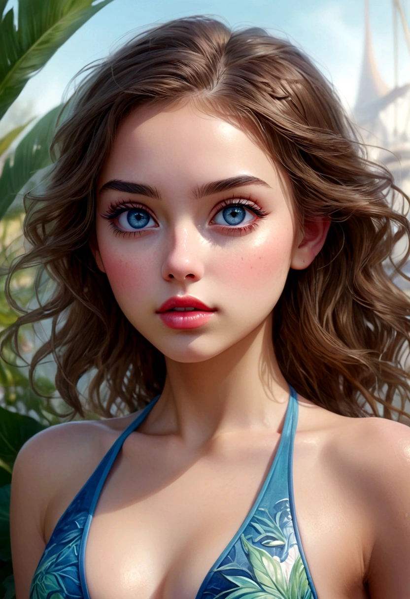 a girl in a two-piece swimsuit, beautiful detailed eyes, beautiful detailed lips, extremely detailed eyes and face, long eyelashes, beautiful young woman, watercolor, magical, fantasy, portrait, vivid colors, cinematic lighting, photorealistic, 8k, best quality, masterpiece, highly detailed, intricate details