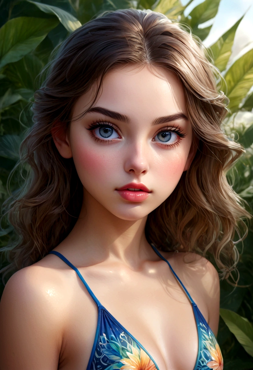 a girl in a two-piece swimsuit, beautiful detailed eyes, beautiful detailed lips, extremely detailed eyes and face, long eyelashes, beautiful young woman, watercolor, magical, fantasy, portrait, vivid colors, cinematic lighting, photorealistic, 8k, best quality, masterpiece, highly detailed, intricate details