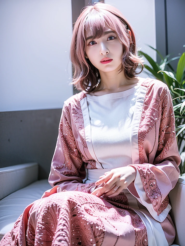 Light pink hair, Pink Eyes, Pink and white, Cherry leaves, Bright colors, White Dress, Paint splashes, Simple Background, Ray Tracing, Wavy Hair
