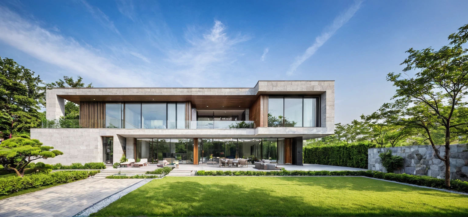 qlcd,tingyuan, photo of modern villa, grassland, garden, shrubs and trees, rock decoration, clear sky, sun light, realistic photo
