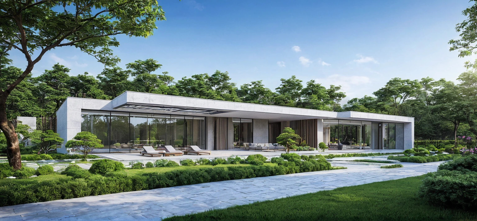 qlcd,tingyuan, photo of modern villa, grassland, garden, shrubs and trees, rock decoration, clear sky, sun light, realistic photo