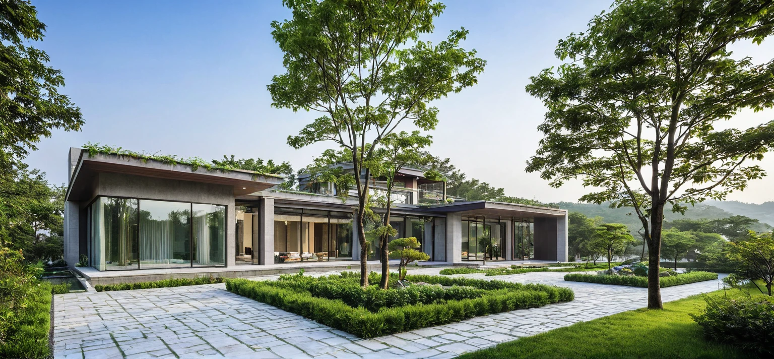 qlcd,tingyuan, photo of modern villa, grassland, garden, shrubs and trees, rock decoration, clear sky, sun light, realistic photo