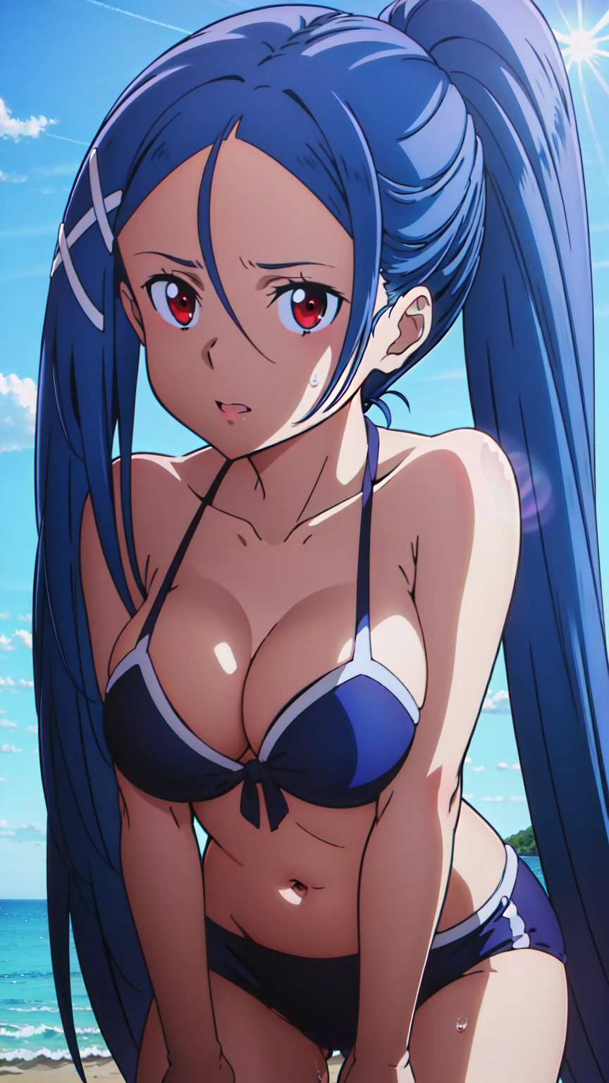 hair between eyes, very long hair, high pony tail, x hair ornament, ,red eyes:1.2,hair ornament, blue hair, looking at the viewer, blue theme, blue background, cloudy sky, sunlight, sweat, orgasmic, bikini swimsuit, large breasts, cleavage, belly button exposed, collarbone, thighs, sea and beach,