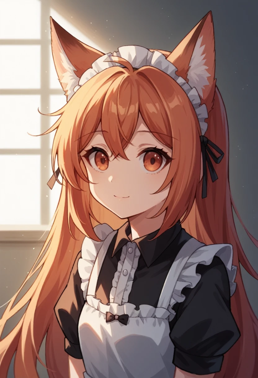 score_9, score_8_up, 1girl, cute, solo, portrait, straight on, upper body, fox ears, fox tail, upper body, cheerful, animal ear fluff, (ear tufts:1.2), maid, soft lighting, warm lighting