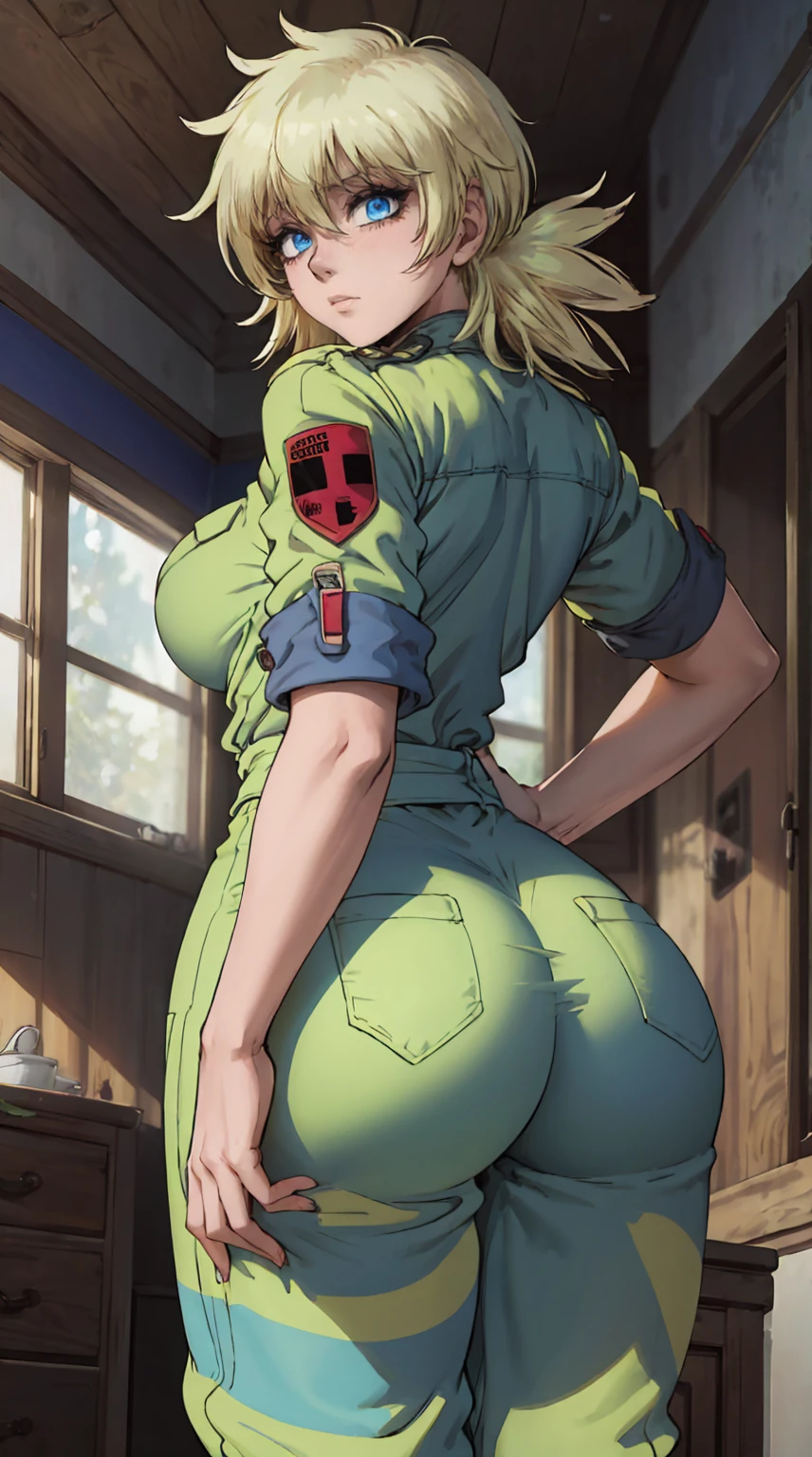 masterpiece, highest quality, best quality, official art, beautiful and aesthetic: 1.2), (1girl), extremely detailed, (fractal art: 1.3), colorful, highest detailed, perfect face, upper body, HDR, (prayer: 1.3), (dynamic stripes, luminous traces: 1.2), bright colors, seras, garage, mechanic, standing, ass focus, breasts, large ass, bare ass, naked, nude, ass window, sexy, wide hips, thicc figure, Detailed blue eyes, Detailed face, Detailed eyes, perfect face, perfect eyes, wearing blue jumpsuit, jumpsuit, blue jumpsuit, looking back, looking at viewer