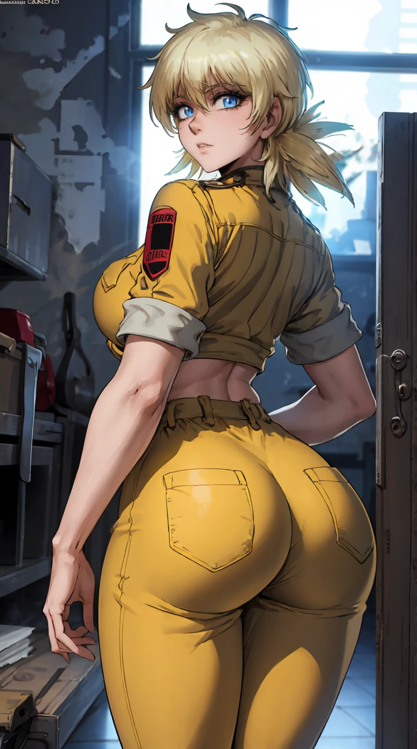 masterpiece, highest quality, best quality, official art, beautiful and aesthetic: 1.2), (1girl), extremely detailed, (fractal art: 1.3), colorful, highest detailed, perfect face, upper body, HDR, (prayer: 1.3), (dynamic stripes, luminous traces: 1.2), bright colors, seras, garage, mechanic, standing, ass focus, breasts, large ass, bare ass, naked, nude, ass window, sexy, wide hips, thicc figure, Detailed blue eyes, Detailed face, Detailed eyes, perfect face, perfect eyes, wearing blue jumpsuit, jumpsuit, blue jumpsuit, looking back, looking at viewer